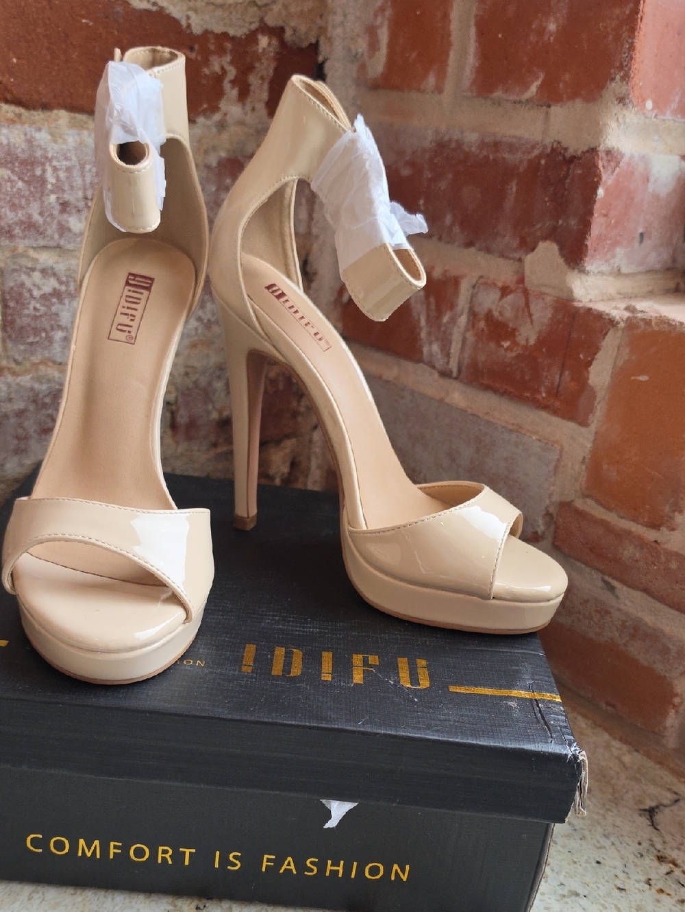 IDIFU Beige Patent Platform Ankle-Strap Stiletto Heels